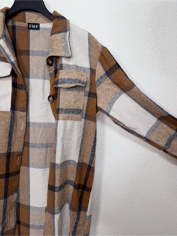 FME Camel Brown Plaid Longline Button Front High Low Shacket Jacket Size M - Image 6