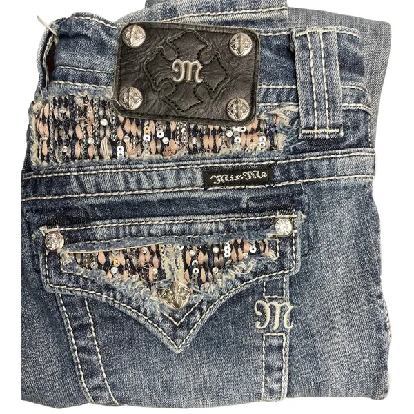 Miss Me Y2K Skinny Embellished Medium Wash Saddle Stitch Low Rise Jeans‎ Size 27 - Image 4