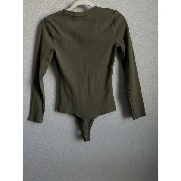 Nuuds Long Sleeve Cotton Jersey Crew Neck Thong Style Bodysuit Dark Olive Size M - Image 2