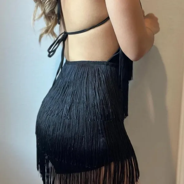 Black Fringe Halter Romper Size L - Image 3