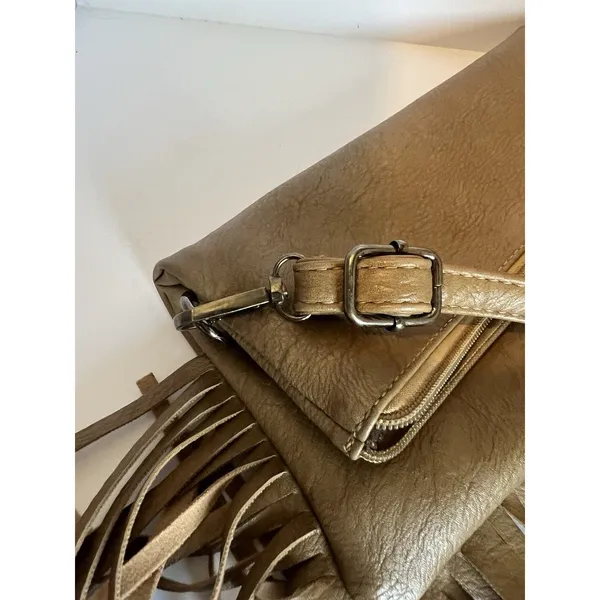 Tan Bohemian Fringe Crossbody Bag Zip Closure Detachable Adjustable Strap - Image 5