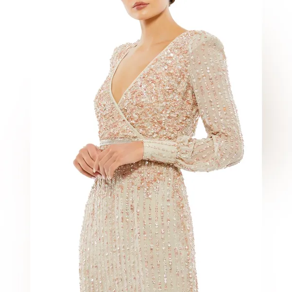 Mac Duggal Sequined‎ V Neck Bishop Sleeve Midi Dress 93593 - Image 2