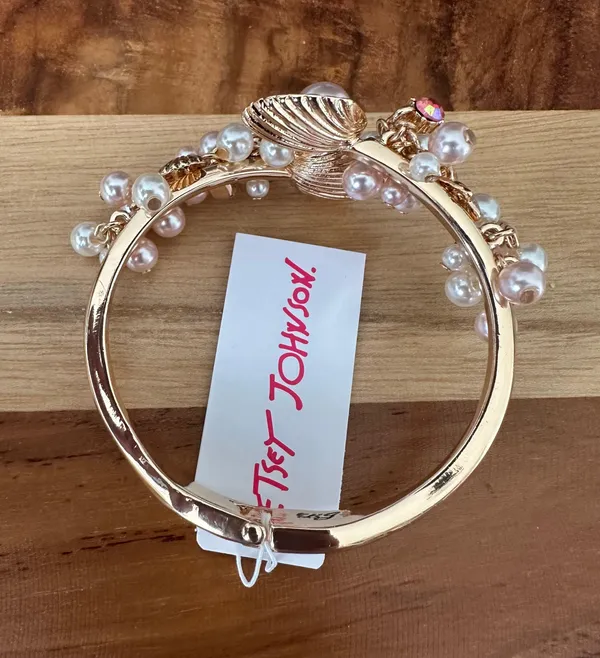 Betsey Johnson Gold Tone Seashell Hinge Bangle With Shaky Faux Pearl & Crystal - Image 2