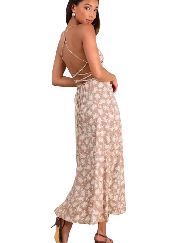 Lulus Picturesque Moments Brown Floral Print Strappy Maxi Dress Sz M Date Night - Image 2