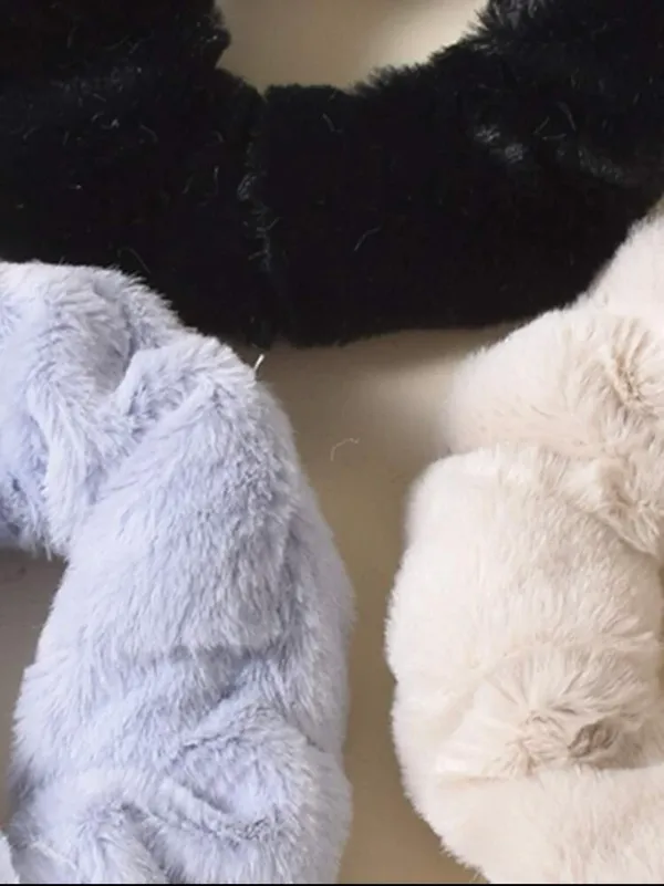 NEW. 3 Pc Soft Fleece Scrunchie Set In Gray, Black & Beige - Image 3