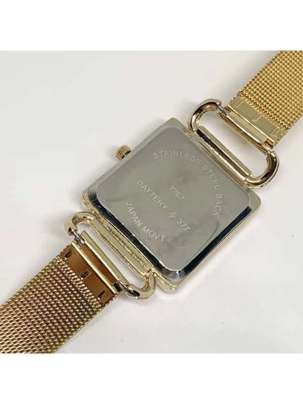Women’s gold tone watch 27mm square case mop dial rhinestones mesh band running - Image 5
