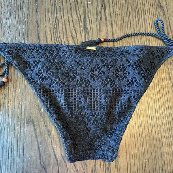 Victorias Secret Black Crocheted Side Tie Beaded Cheeky Swim Bikini Bottom Large - Image 3