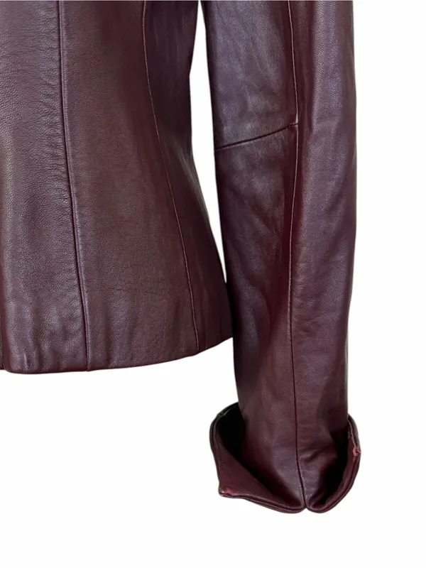 Cache Leather Jacket 10 Burgundy Fitted Button Front Y2K Retro Blazer Maroon - Image 9