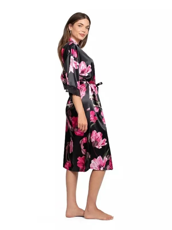 NWT Women's Lilac + London Floral Print Pink and Black Midi Wrap Robe L - Image 2
