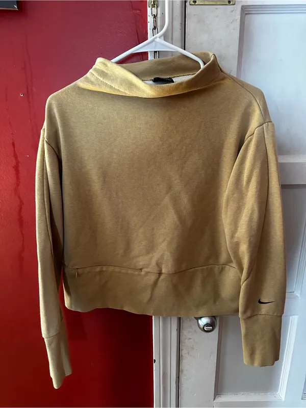 Nike Dri-FIT Funnel Mock Neck Cropped Sweatshirt Gold Tan Side Zip Pocket Small - Image 3