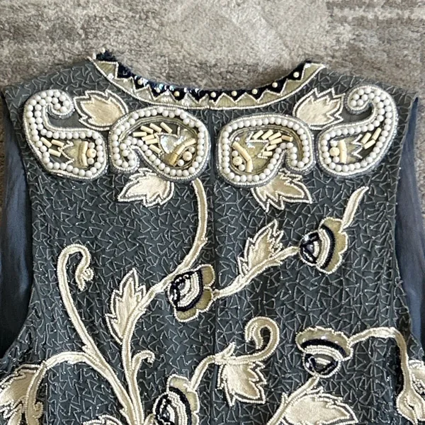 Ella Singh Vest Womens Large Beaded Sequins Silk Festival Boho Blue Cream Heavy - Image 11
