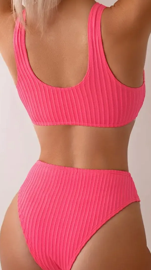 Rib Knit V Wired Plain 2 Piece Set Bikini Pink - Image 6