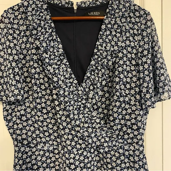 Lauren Ralph Lauren Mini Dress 14‎ Navy Blue Floral Cottagecore Preppy Feminine - Image 4
