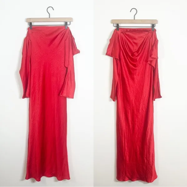 NWT Meshki Vee Off Shoulder Satin Midi Dress Red XXS - Image 2