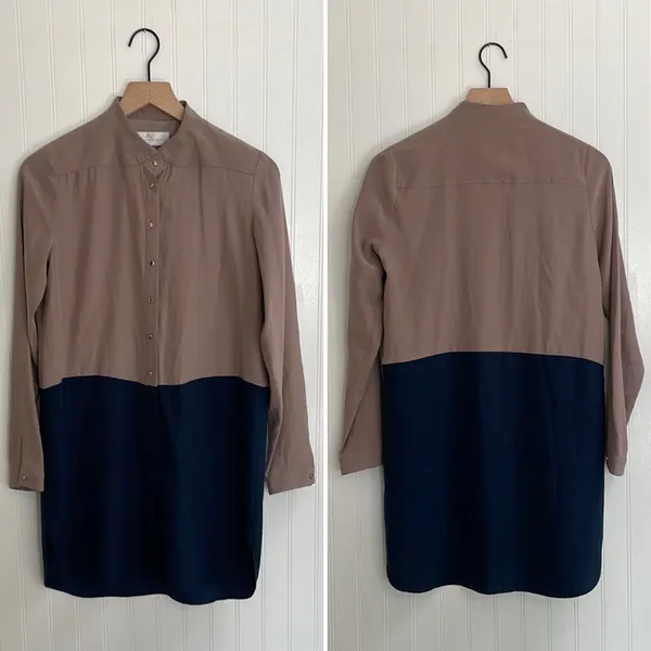 AMANDA UPRICHARD Colorblock Shirt Dress Long Sleeve in Tan/Navy Size S *Flawed - Image 2