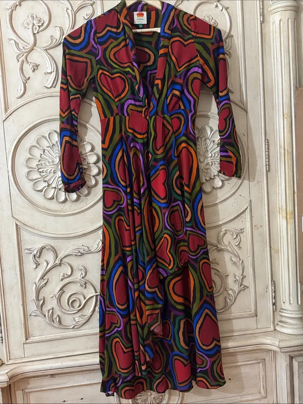 Farm Rio Rainbow Wild Hearts, Valentine Long Sleeve Maxi Dress Sz S Retail $220 - Image 3