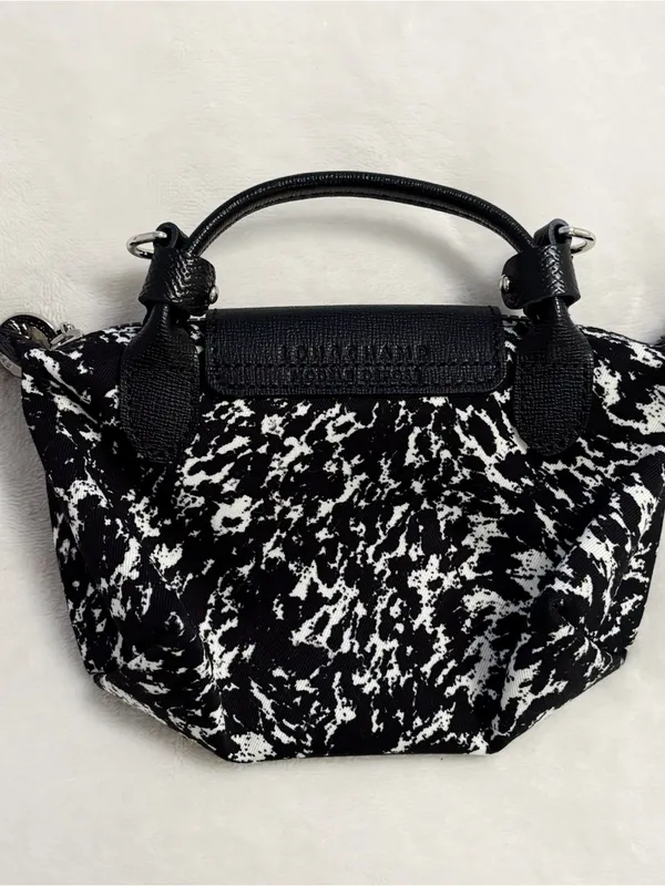 Longchamp Le Pliage Black White Marble Print Mini Nylon Top Handle Pouch Bag - Image 4