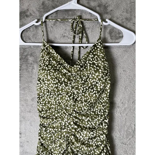 Vintage Y2K Olive Green‎ Ruched Halter Midi Dress Polka Dot Slip Dress Small - Image 2