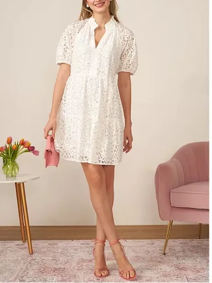 CeCe’s Women's Lace Babydoll Puff Sleeve Tiered Dress in Ivory, Size XL, NWT - Image 2