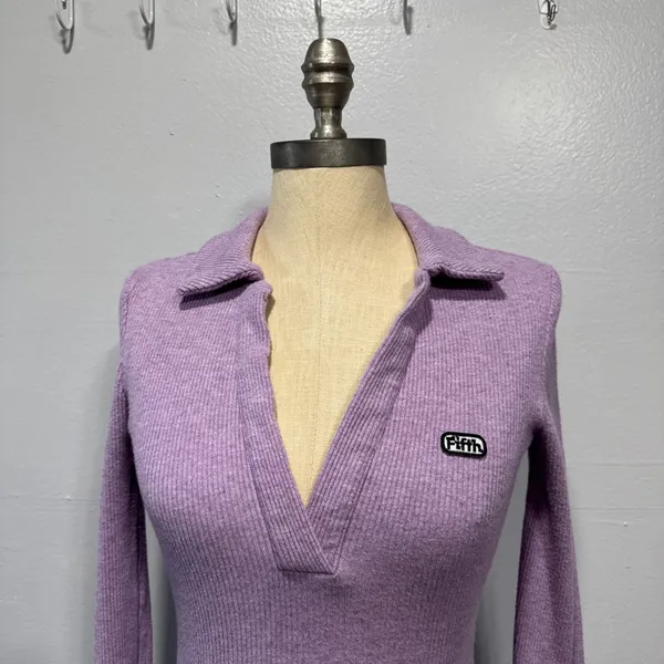 The Fifth Label Womens Ribbed Knit Top Collared Deep V Neck Long Sleeve Size 4 - Image 2