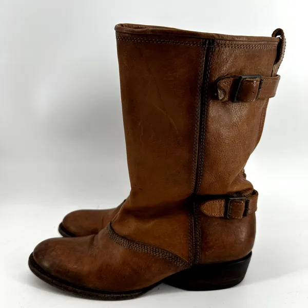 Freebird by Steven Knox Mid Calf Boot Slouch Leather Buckle Stacked Heel Brown 8 - Image 4