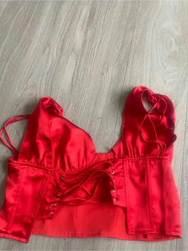 Red Satin Bustier Crop Top Size M - Image 2