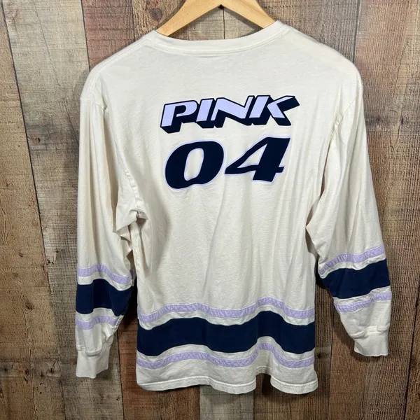Victoria's Secret PINK Long Sleeve Campus Tee Purple Navy Stripe Small Dog Logo - Image 6