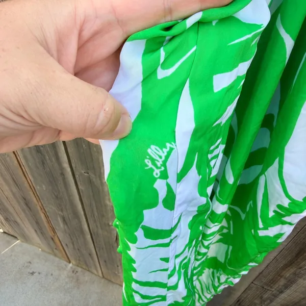 Lilly Pulitzer 20th Anniversary Green and White Tropical Print Satin Jumpsuit Lg - Image 7