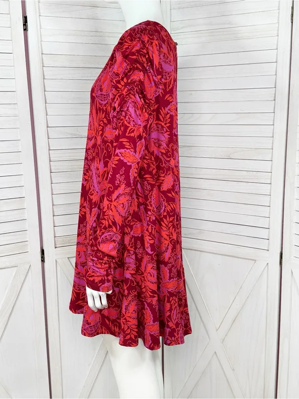 Free People Hello Lover Floral Ruched Puff Shoulder Tunic Mini Dress Red Small‎ - Image 3
