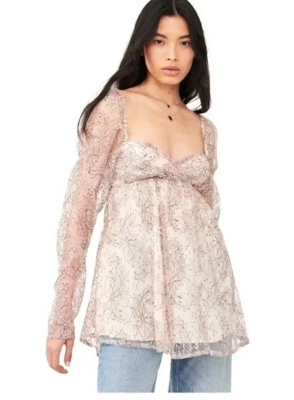 Free People Heavenly‎ Lace Tunic Top in Champagne Toast Size L New - Image 3