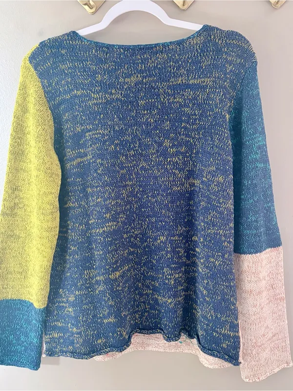 Y2K Floral Knit Sweater Daisy Patchwork Crazy Horse Medium Blue - Image 2