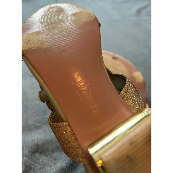 Gold Rhinestone Butterfly Slide Sandals Architectural Crystal Block Heel - Image 7