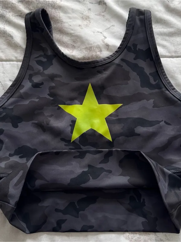 Strut dark grey Camo Sports Bra Top with Yellow Star, size XS athletic workout - Image 8