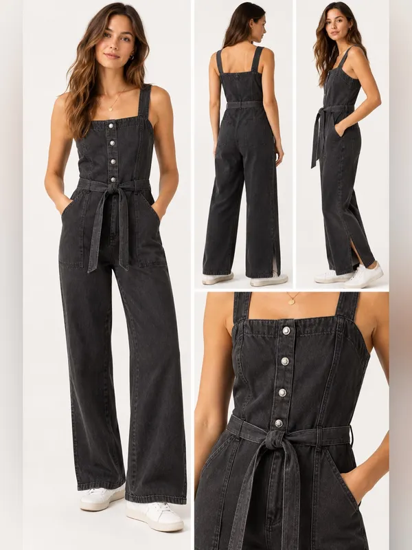 OAT New York Size 12 Black Denim Wide Leg Utility Jumpsuit Tie Waist NWT - Image 9