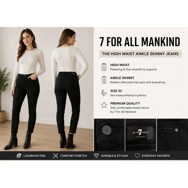 Seven For All Mankind WOMEN’s Black High Waist Ankle Skinny Jeans Size 32 EUC - Image 3
