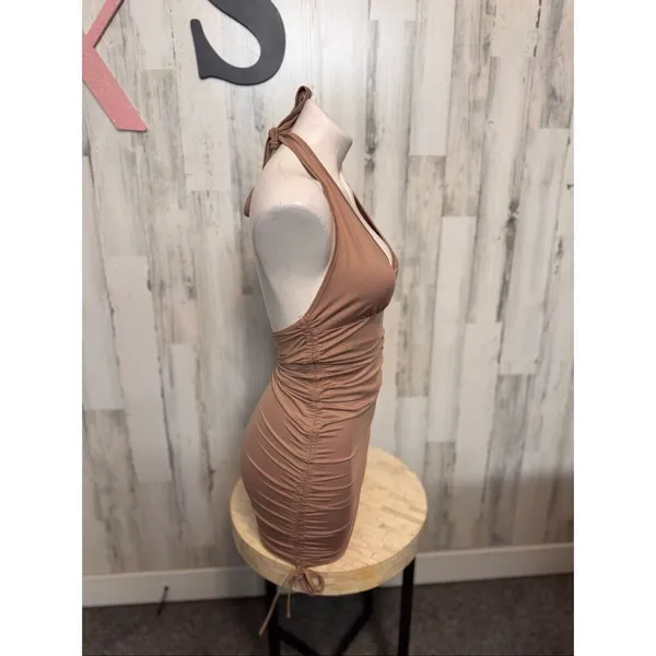 Tan Beige Deep V-Neck Ruched Drawstring Halter Backless Mini Dress XS - Image 4