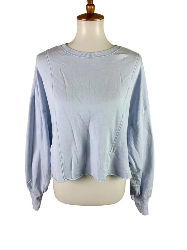 Offline By Aerie Light Blue Cropped Sweatshirt M Oversized Raw Hem Pullover - Image 2