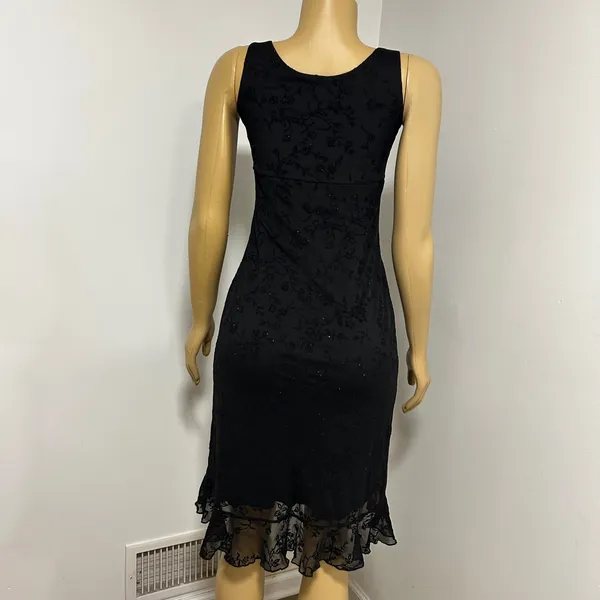 Up Front Black Floral Glitter Sheer‎ Ruffle Hem Sheath Dress Size XS - Image 4