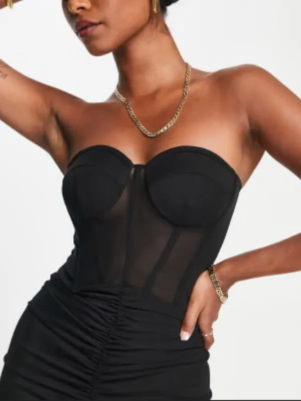 ASOS DESIGN Premium Mesh Bandeau Corset Ruched Black Midi Dress Size US 6 - Image 2