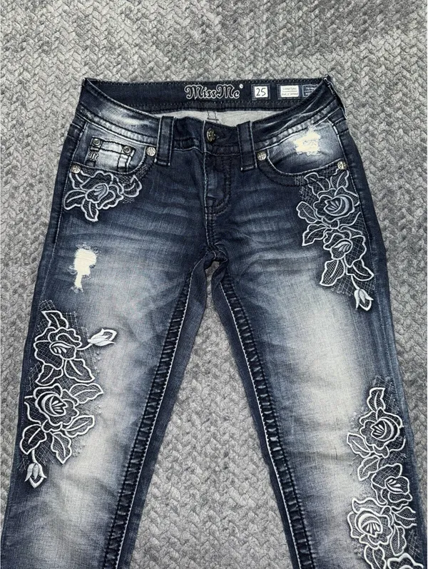 Miss Me Womens Ankle Skinny Medium Wash Embroidered Mid Rise Sz 25 - Image 2