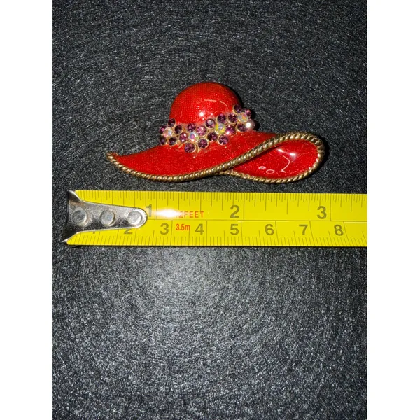 Vintage Red Hat Brooch Red Purple Rhinestone Enamel Accessory‎ - Image 4