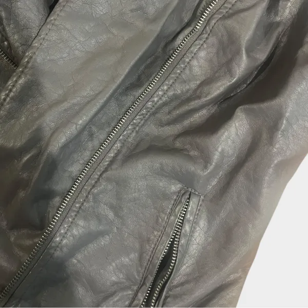 Gray Faux Leather Jacket with Knit Sleeves and Removable Hood - Image 3