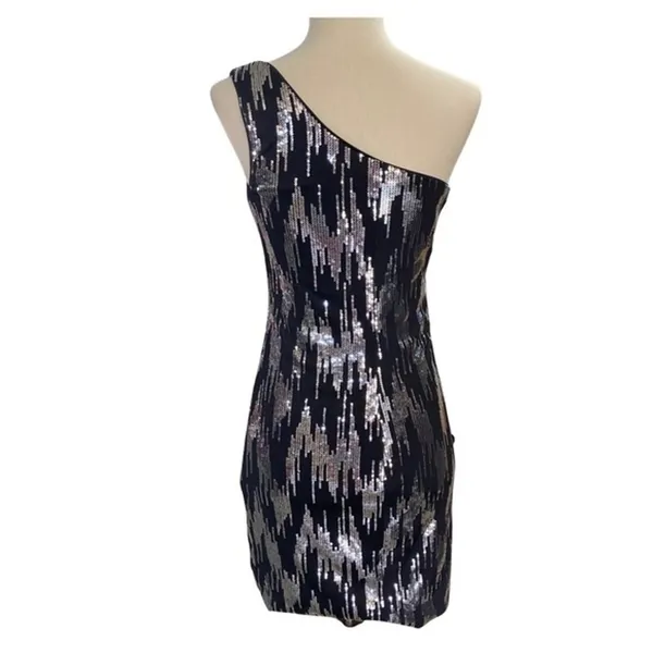 Charlotte Russe Womens Dress Sz S One Shoulder Black and Silver‎ Sequin Mini - Image 3