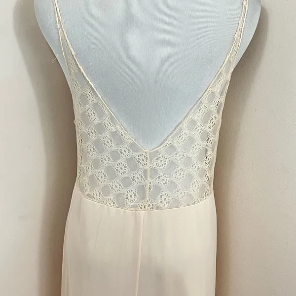 Vintage 70’s Peach Nylon & Lace Maxi NightGown Plunging Neckline L - Image 5