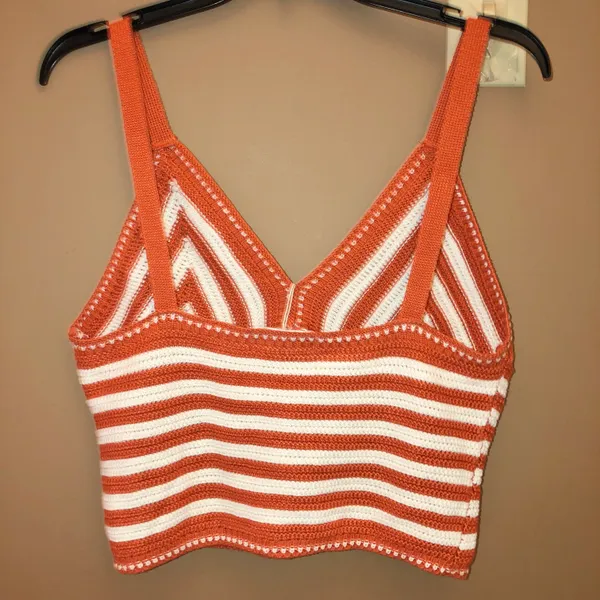 No Comment NY LA V Neck Crochet Striped Crop Tank Top Orange White Juniors XL - Image 2