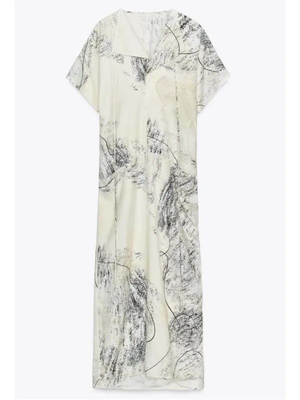ZARA WOMAN FLOWING ZW COLLECTION PRINTED maxi‎ DRESS ECRU BLACK - Image 3