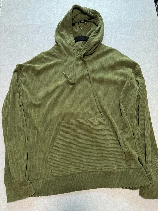Olive Green Corduroy Oversized Pullover Hoodie with Pocket - Image 2