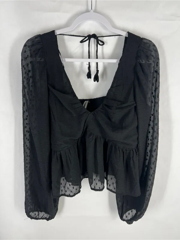 Anthropologie Black Sheer Peplum Blouse Size L Swiss Dot Long Sleeve - Image 2