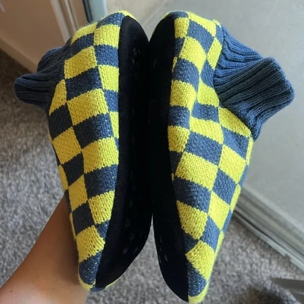 NWT Free People Sleepover Bootie Slippers checker blue/yellow, faux fur interior - Image 9