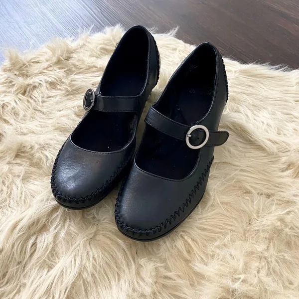Source Unknown Chunky Whimsygoth Black Leather Stitched Mary Jane Heels Size US 7 - Image 3